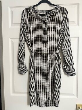 LOFT Mod Geometric Shirt Dress M Black Beige Belted Work Travel